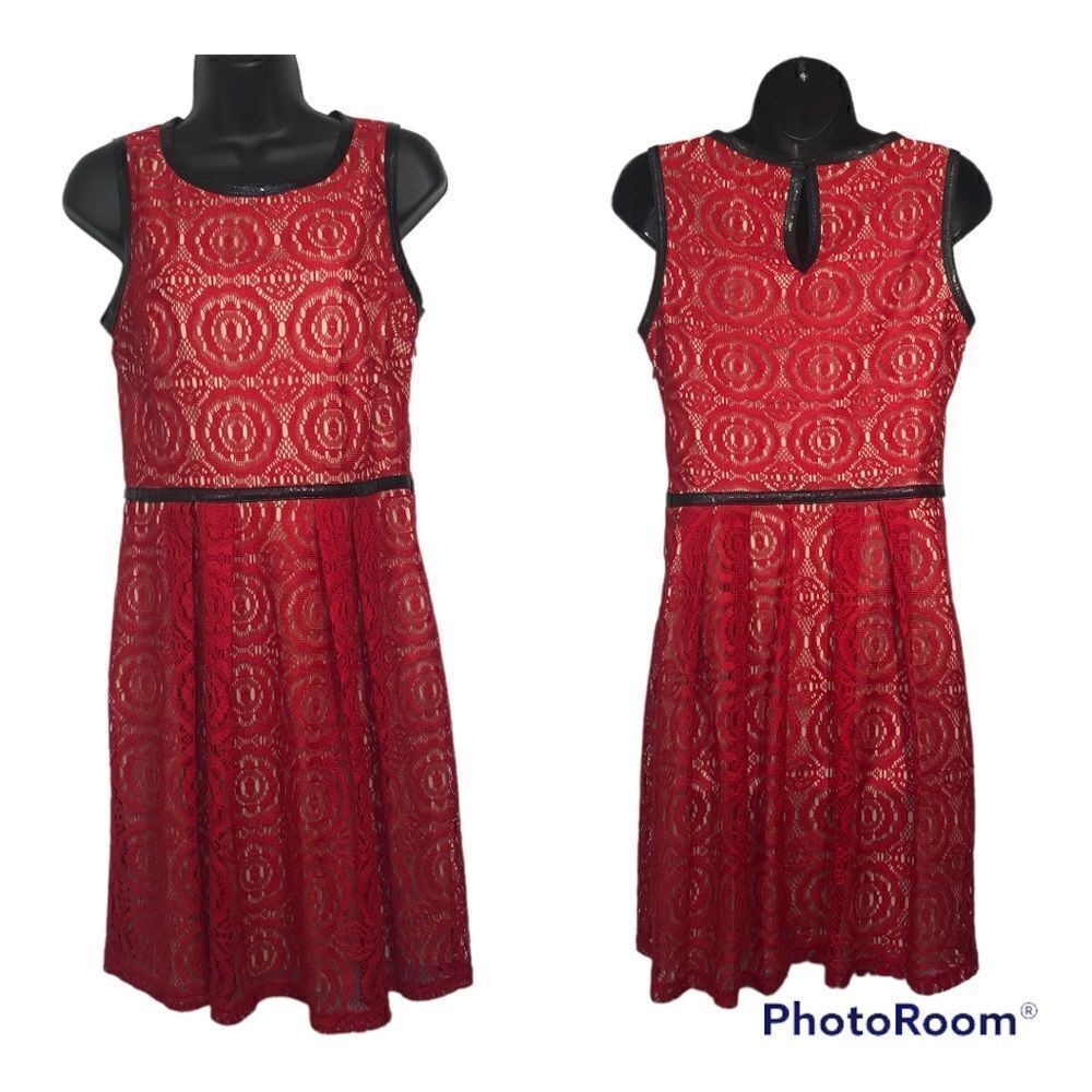 Red Lace Dress with Faux Leather Accents Size 10